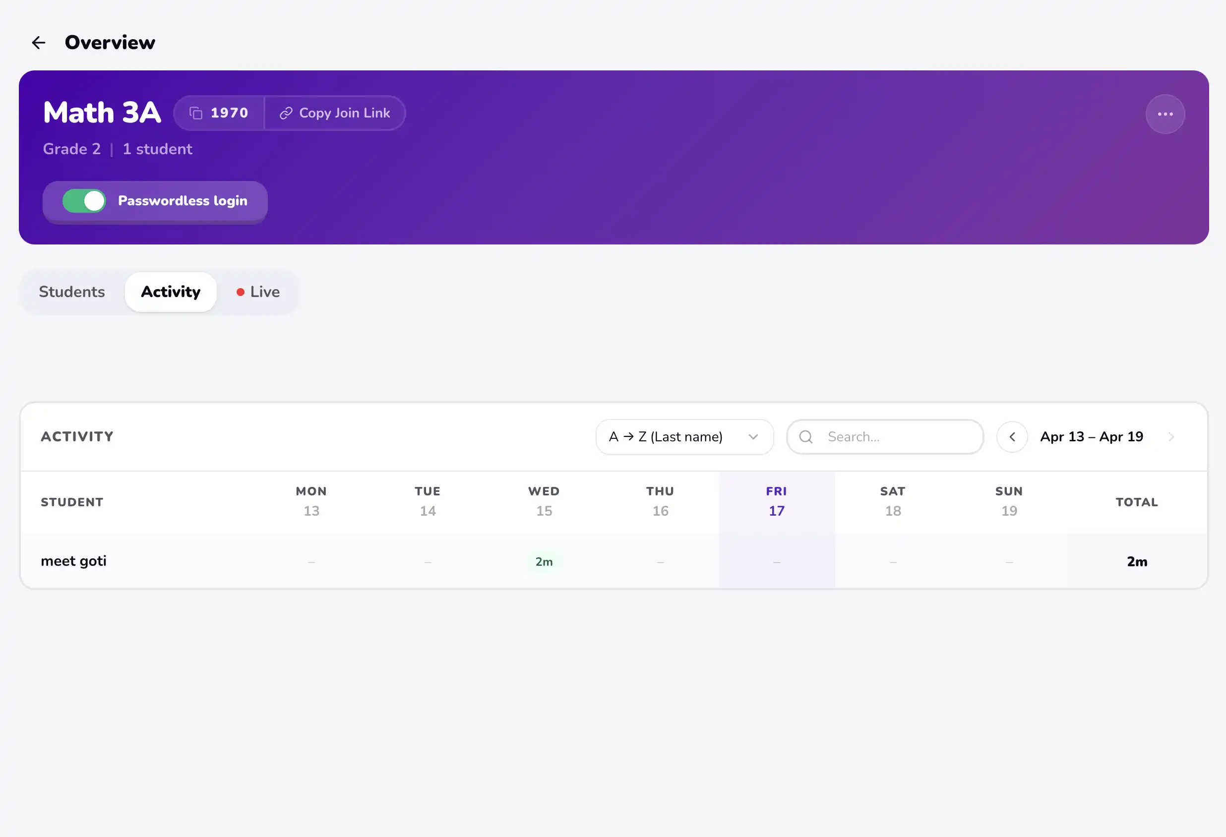 Student activity scorecard showing game attempts, answers, and mastery