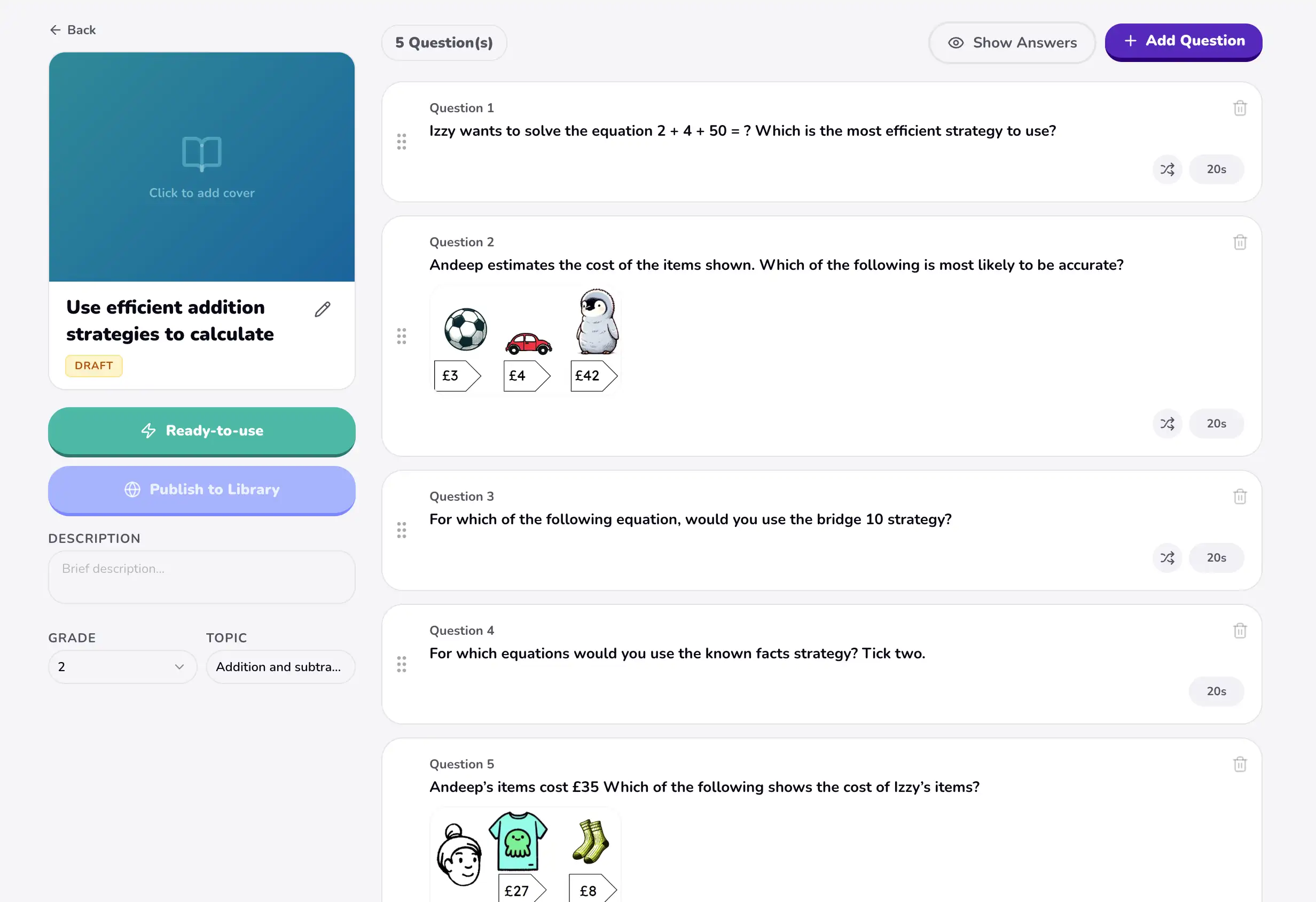 Quiz builder with an option to create a custom quiz or pick from ready-made sets