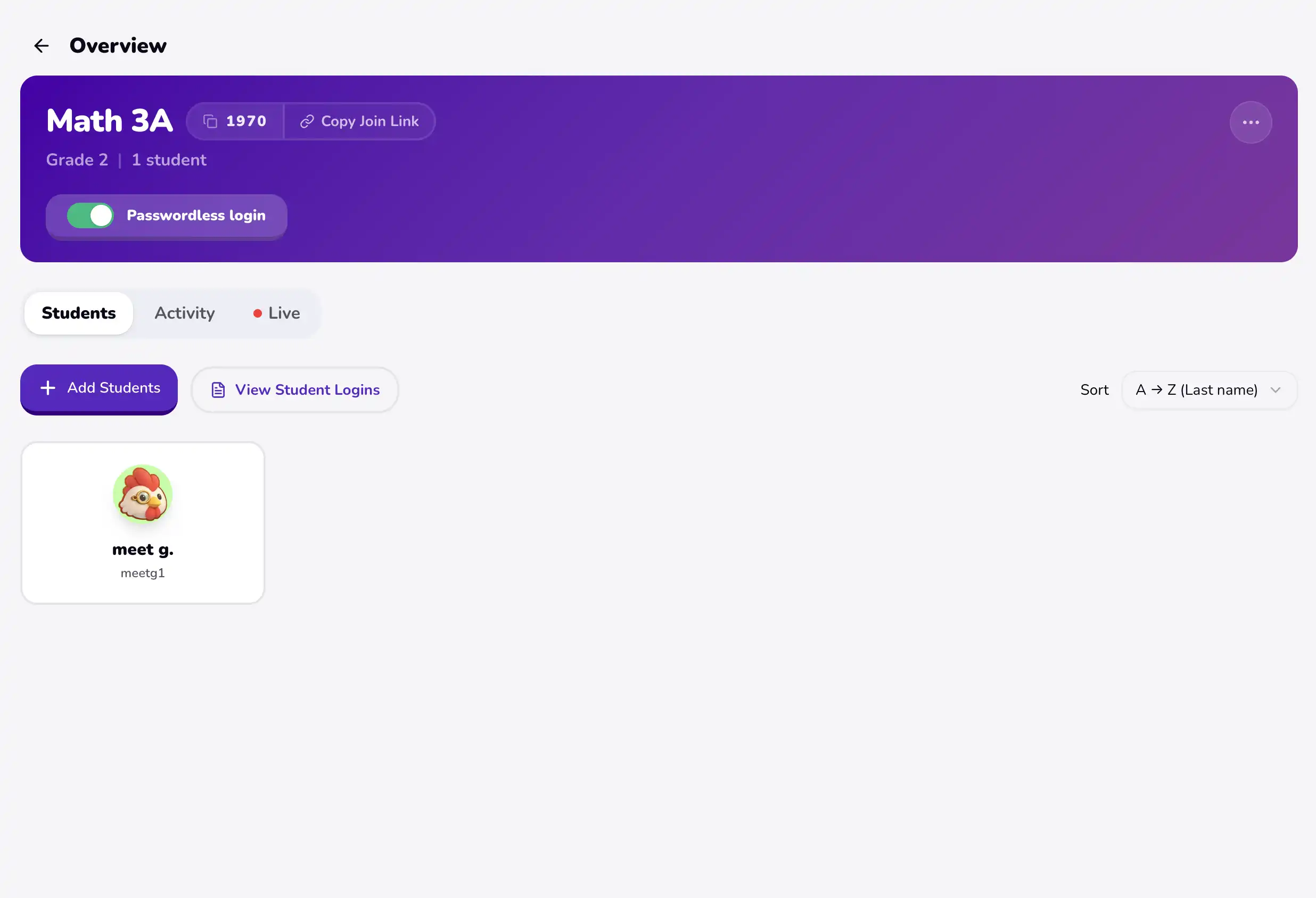 Teacher view for managing students and credentials across classes